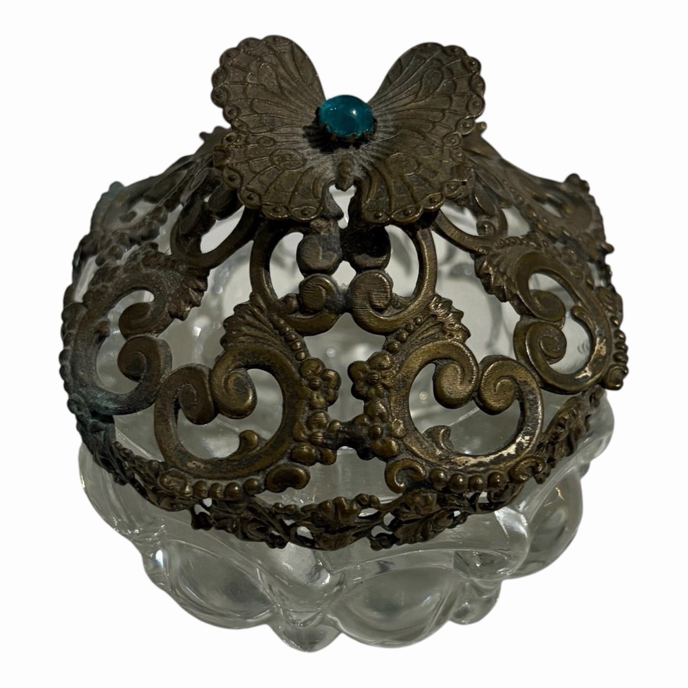 Antique Glass Potpourri With Metal Repousse Butterfly Lid Cabachon Blue Gem